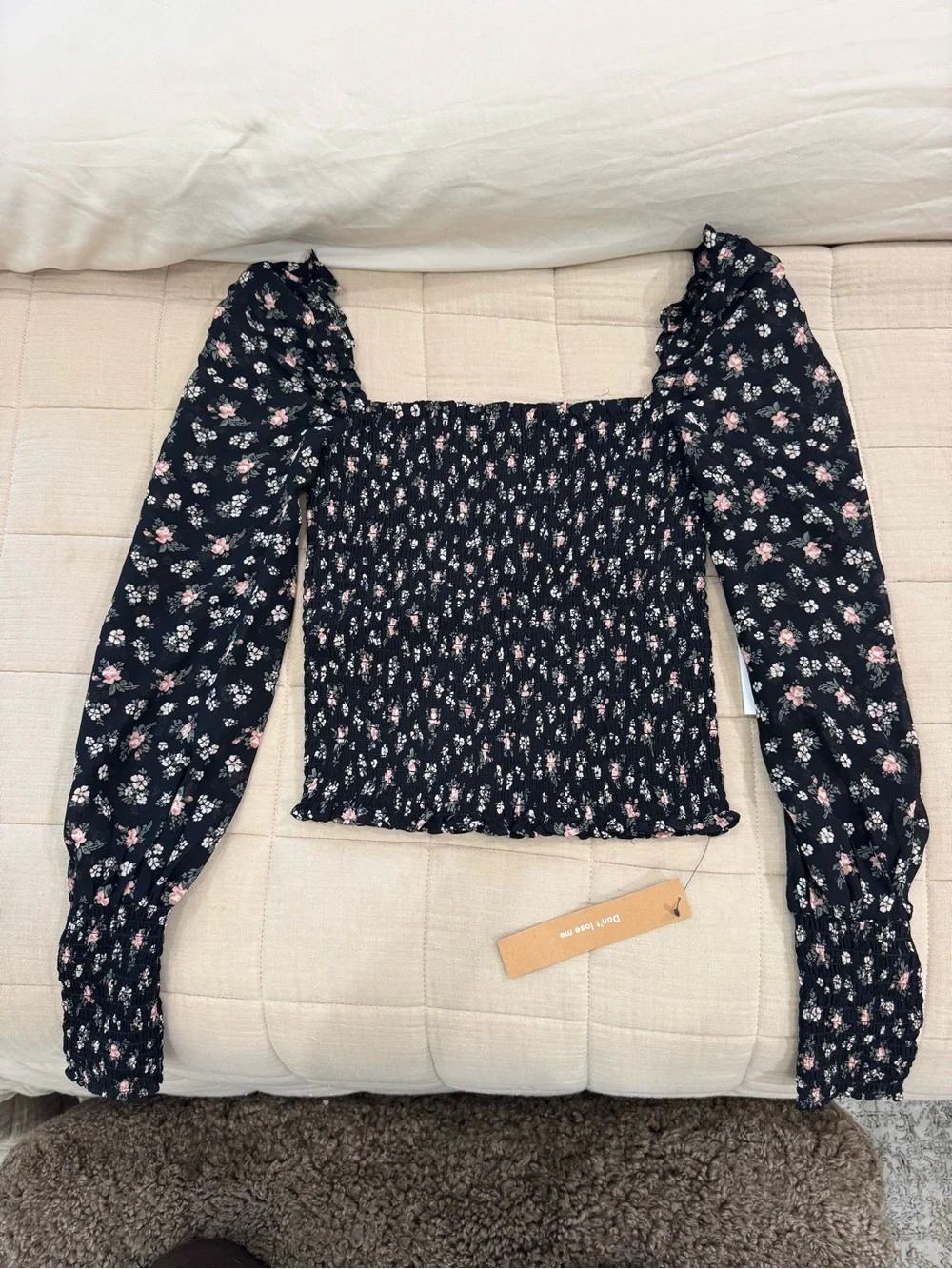 NWT Reformation Smocked Floral Long-Sleeve Top - Black